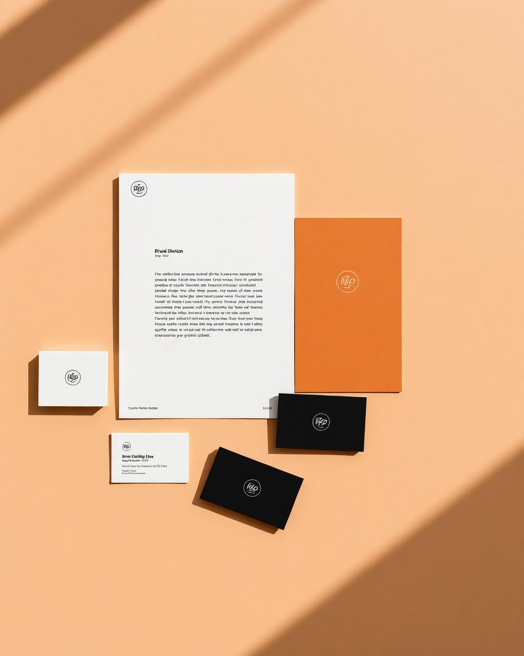 Brand identity stationery system laid out on a warm surface