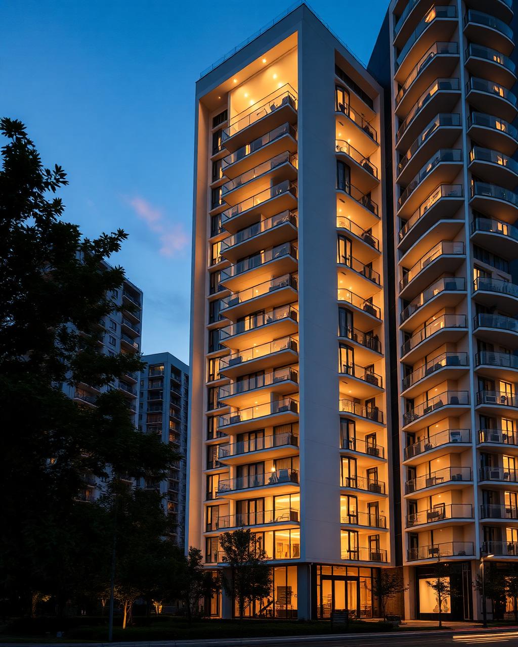 Modern residential tower photographed at dusk