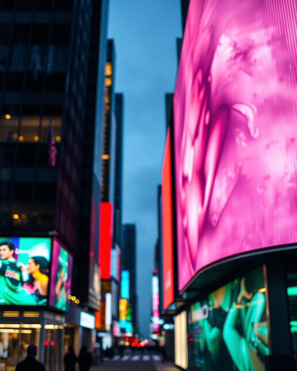 Digital billboard screens lighting a city street at night